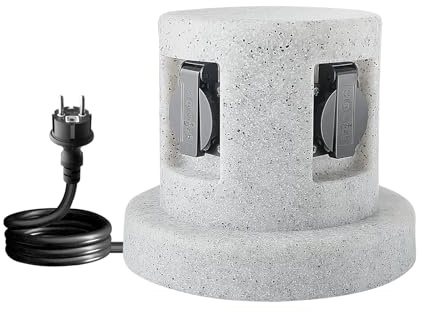 Garten Steckdosensäule Granit-Optik mit 4-Fach Steckdosen und 1m Gummikabel, IP44, Kunststoff, max.3600 Watt,Außensteckdose Garten Stein