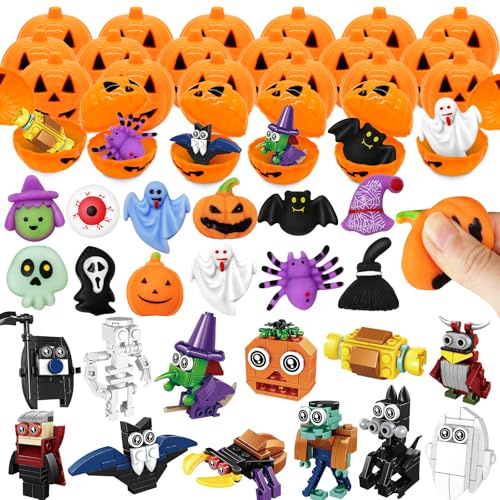 MOONTOY Regalos Halloween Niños, 48 Piezas: Calabazas, Squishies y Bloques | Sets de Bloques de Construcción 2 en 1 para Niños, Regalos DIY Halloween Truco o Trato y Detalles para Niños y Niñas 3+