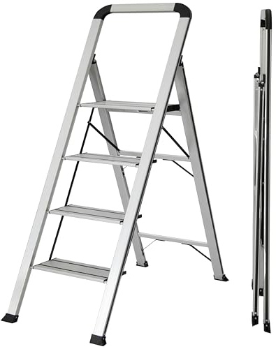 UZIRO Escalera 4 Peldaños, Escaleras Plegables de Aluminio Liviana, Decorativa, Peldaños Anchos Antideslizantes, Mecanismo Antiplegado, Compacta, Fácil de Guardar (4 Peldaños)