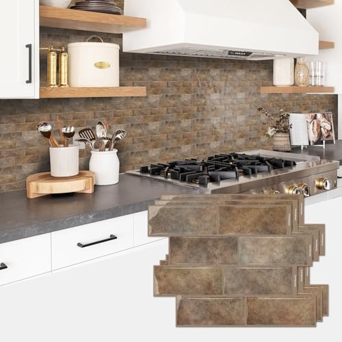 indabyo 10 Sheets Marble Effect Tile Stickers Stick on Tiles Backsplash | Kitchen Bathroom Wall Self Adhesive Vinyl Waterproof Peel and Stick Tile Covers Decals (Brown)