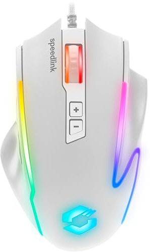Speedlink DECUS NX - Mouse da gioco cablato RGB, illuminazione RGB multicolore, pulsante di fuoco continuo, fino a 12800dpi, 1000Hz, programmabile, Mouse gaming con cavo USB, cavo inguainato, bianco