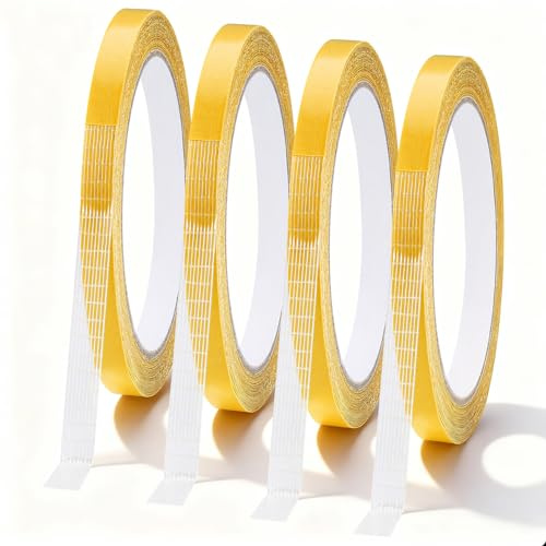 Zocipro 4 Rolls Ruban Adhésif Double Face en Tissu 0.8cm*10m, Ruban Adhésif Double Face Transparent Ultra-résistant Pour Tapis, Rideaux, Ourlet Textiles, Sans Repassage