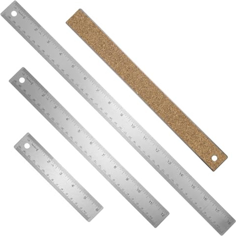 QUARKZMAN 3Stück Edelstahl Metall Lineal 15/30/45cm Gerade Kante | Mit Korkrücken Anti-Rutsch, Inch Metrisch, Für Klassenzimmer Büro Haus Zeichenwerkzeuge, Metall Lineal