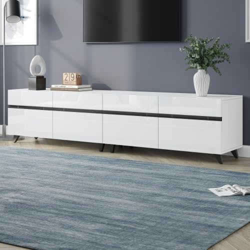 Mueble bajo para TV con frontal brillante, interior ajustable, 8 patas estables, gran área de almacenamiento de tablero de fibra de densidad media, adecuado para televisores grandes, 180 cm, color