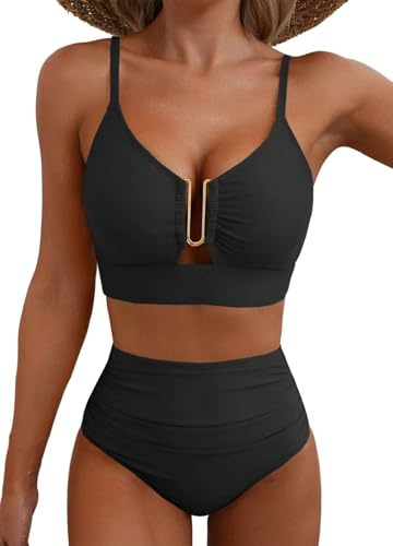 Yutdeng Costume da Bagno Donna Due Pezzi Vita Alta Bikini Set Push Up Imbottito Reggiseno Costumi da Mare Metallo Scollo U Regolabile Beachwear Elegante Swimwear da Spiaggia Piscina,Nero,S