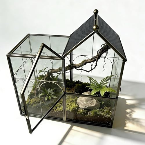 Ready-to-Use Glass Terrarium with Vents, 8.66x4.72x8.46 House-Shaped Habitat for Jumping Spider,Praying Mantis,Snails,or Succulent Plants - Home Garden Tabletop Decor Enclosure (Dark Gunmetal)