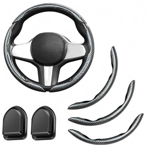 Kohlefaser Auto lenkradbezug - Steering Sheel Sover, 3er Set Universal Segmented Anti-Rutsch Lenkradschutz für 99% Meisten Auto,SUV,Lastwagen, Verbesserte Griffigkeit Haltbarkeit (Schwarz-Silber)