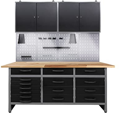 Ondis24 Werkstatteinrichtung 160cm, Werkstatt - Werkbank, Hängeschrank, Euro - Lochwand mit Haken, inkl. LED Beleuchtung