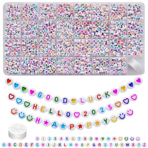 Lnvision 1600 Stück Bunte Buchstaben Perlen Weiß Rund Acryl Alphabet Buchstaben Perlen 7x4mm Spacer Zwischenperlen Schmuck DIY Basteln A bis Z und Love Herz Smiley-Gesicht Zahl Stern Perlen