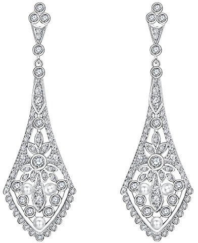 EVER FAITH Pendientes de Aleación Mujer Perla Hoja Zirconias Rombo Colgantes Aretes Retro Elegante para Regalo Novia Boda Fiesta