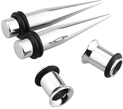Awinrel Stainless Steel Ear Gauge Taper Stretching and Single Flare Plugs Flesh Tunnel Kit with O-ring 2 Pairs Silver 2G 6mm