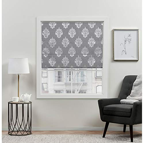 EXCLUSIVE HOME Marseilles Damask 100% Blackout Roman Shade, 34x64, Grey