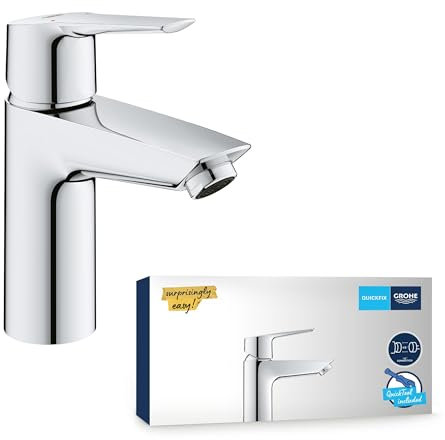 GROHE QUICKFIX Start - Wash Basin Mixer Tap (Metal Lever, Smooth Body, 28 mm Ceramic Cartridge, Min. Recommended Pressure 0.4 Bar, Tails 1/2 Inch), Size 165 mm, Quick Tool Included, Chrome, 24166003