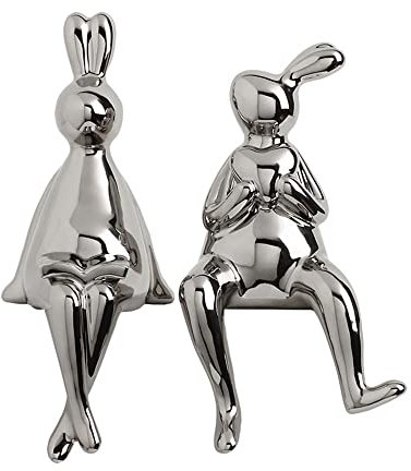 Paar Hasen Figuren Deko Regal Wohnzimmer Tischdeko Modern Keramik Skulpturen Hasenfigur Wohnaccessoires Osterdeko Innen Ornament - Geschenk zum Oster Valentinstag Geburtstag 2er-Set, Chrome