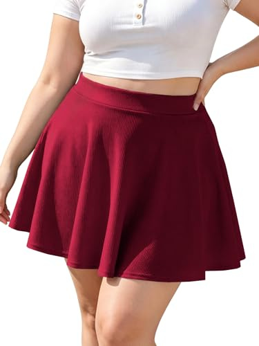 Moon Wood Femme Mini Jupe Grande Taille Jupes Patineuse Plissée Femme Chic Jupe Courte Élastique Haute Taille Rouge Foncé 4XL