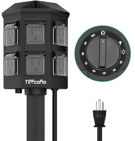 TiFFCOFiO Outdoor Power Strip Timer, Dusk to Dawn Light Sensor Countdown, 6 Feet Extension Cord Waterproof, 6 Grounded Outlets for Halloween and Christmas Decorations, ETL Listed (6 FT)