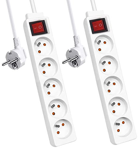 EXTRASTAR Multiprise avec Interrupteur, Bloc Multiprise 5 Prises 16A Blanc, Multiprise Electrique rallonge multiprises H05VV-F,3G1.0mm2, 1.5M - Lot de 2