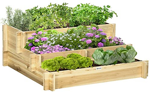 Outsunny Letto per Orto Rialzato a 3 Livelli in Legno di Abete, Fioriera da Giardino color Legno per Verdure, Fiori e Piante, 93x93x35 cm