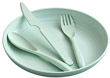 Camping-Teller-Set für 1, Kunststoff-Teller, wiederverwendbar, Speiseteller mit Gabel, Löffel und Messer, unzerbrechliches Campingbesteck, Besteck-Set für Kinder, Kleinkinder & Erwachsene, Grün