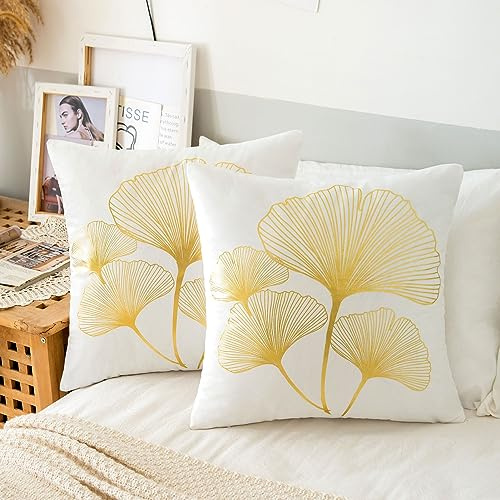 2er Set Kissenbezug 50x50 Weiß Kissenbezug Samt Kissenbezug Gold Ginkgo Biloba Muster Kissenhülle Zierkissenbezug Sofakissen Couchkissen Dekokissen für Wohnzimmer Schlafzimmer Home Decor