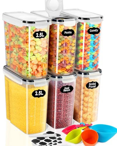 Cinnani 2.5L Vorratsdosen Set, Müsli Schüttdose & Frischhaltedosen, BPA frei Kunststoff Vorratsdosen luftdicht, Satz mit 6+24 Etiketten für Getreide, Mehl, Zucker usw (6er Set)