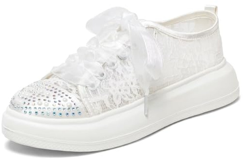 Emily Bridal 115-12D bröllop sneakers för kvinnor platta tennisskor bling strass sneakers, Elfenben, 39 EU