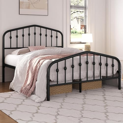 Yaheetech Marco de Cama de Metal Moderno con Cabecero y Piecero Arqueados Espacio de Almacenamiento Espacioso Debajo de la Cama Soporte Robusto Negro/140 x 200 cm