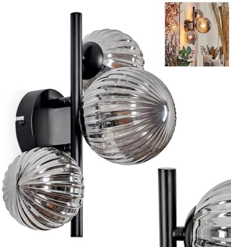 Wandleuchte Chehalis, Wandlampe aus Metall/Glas in Schwarz/Rauchfarben, Leuchte im Retro/Vintage-Design mit Schirmen aus Glas (Ø 10, 12 cm) u. An/-Auschalter am Gehäuse, 3 x G9, ohne Leuchtmittel