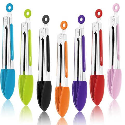 7 Pack Kitchen Tongs, 7 inch / 18.5cmStainless Steel Cooking Tongs, Small Colored Non-Stick Food Serving Tong with Silicone Tips for Salad BBQ Grilling Frying Cooking (5 Colors)