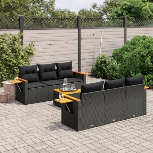 Rantry 7-TLG. Garten Sofagarnitur mit Kissen Gartensofa mit Stauraum GartenloungeBalkonmöbel Gartenmöbel Loungesofa Ecksofa Rattansofa Sitzgruppe mit Gartentisch Gartenset Schwarz Poly Rattan