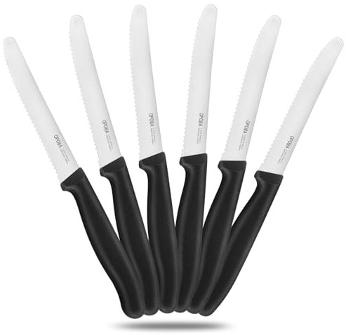 OPOLIA Frühstücksmesser 6 Stück,Brötchenmesser aus Rostfreiem Stahl,Wellenschliff Tomatenmesser,Ergonomischer Griff,Multifunktionaler Einsatz,Schwarz,Spülmaschinenfest.