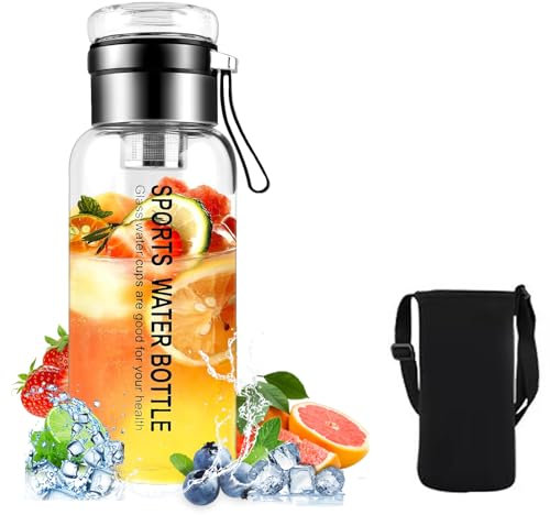 Glasflasche - 1 liter/750ml/1,5 liter - Wasserflasche mit Strohhalm und deckel,Trinkflasche Glas mit Neoprenhülle und Edelstahl-Sieb,Glastrinkflasche für Sport, Büro, Schule & Outdoor (1200ml)
