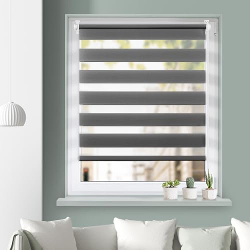 Grandekor Doppelrollo Klemmfix ohne Bohren Anthrazit 70x100cm(Stoffbreite 66cm) Fenster Rollos für innen Klemmrollos Duo Rollos für Fenster ohne Bohren mit Bohren Privatschutz UV-Schutz Zebrarollo