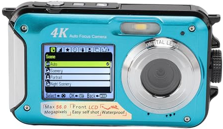 Unterwasserkamera, 56 MP, Doppelbildschirm, 10 Fuß wasserdicht, 16-facher Digitalzoom, 4K-Wasserschutzkamera, Autofokus, wasserdichte Digitalkamera mit 64 G-Speicherkarte (Blue)