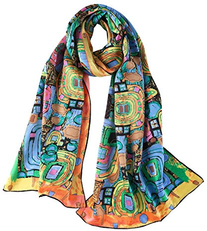 JWSilk Longue écharpe en soie Charmeuse - Impression artistique classique, turquoise, 63 x 17