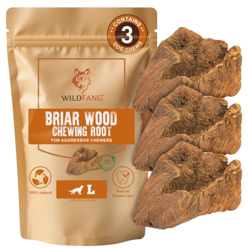 Wildfang® Tuggrot av Briar-trä, Stor – Splitterfritt tuggben i trä. Luktfria och naturliga tuggvänliga leksaker för hundens tandhälsa och friskt tandkött (för hundar 25–45 kg), 3-pack.