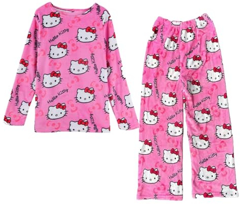 Pigiama 𝐇𝐞𝐥𝐥𝐨 𝐊ἰ𝐭𝐭𝐲 Donna due Pezzi - Pigiami 𝐇𝐞𝐥𝐥𝐨 𝐊ἰ𝐭𝐭𝐲 Donna Manica Lunga Set di Pigiama Flanella Morbido Kawaii Anime Comodo Abbigliamento da Casa Invernale Camicie da Notte