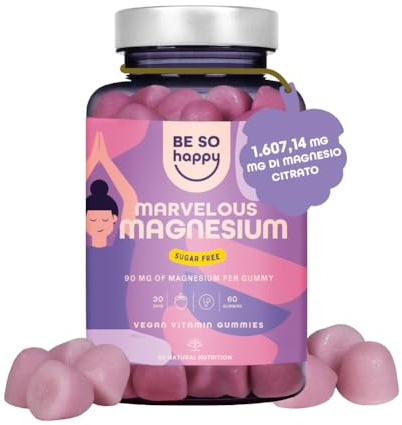 Magnesio Gominolas, 1607mg Citrato de Magnesio con 180mg Magnesio Elemental. 60 Gummies, Sin Azucar, Sabor Frutos Rojos. Reduce el Cansancio y la Fatiga. Vegano. Marvelous Magnesium BeSoHappy