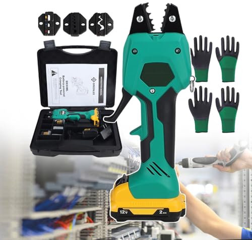 forplubossmmp Pince À Sertir Électrique Portative avec Batterie 12 V/2,0 Ah Et Chargeur/Outil De Sertissage De Câble De Borne Électrique avec Tête À 3 Matrices (avec 12 Gants Et Boîte À Outils)