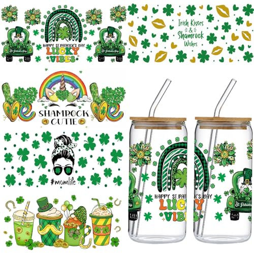 St.Patrick's Day UV DTF Cup Wrap - 5 Sheets St.Patricks Day UV DTF Cup Wraps for 16 oz, Irish Lucky Shamrock Clover Unicorn Rainbow Transfer Stickers, Rub on Transfer Decals for Glass Cups DIY Crafts
