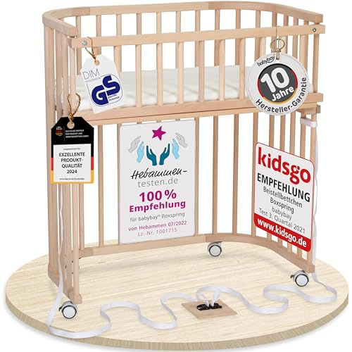 babybay Boxspring Beistellbett aus massivem Buchenholz/kompakt & verwandelbar/Kinderbett Höhe stufenlos verstellbar/mitwachsendes Babybett (Natur unbehandelt) / inkl. Matratze, Gitter, Rollen