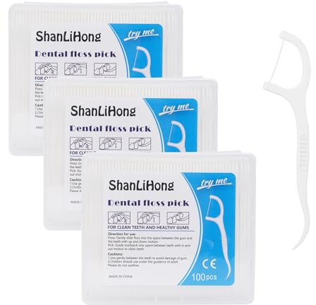 ShanLiHong Zahnseide-Plektren, 300 Stück, von Zahnärzten zugelassen, doppelt reinigende Zahnseide mit Zahnstocher, extra starke Zahnseide und integriertes Plektrum, ergonomischer Griff für Zähne und