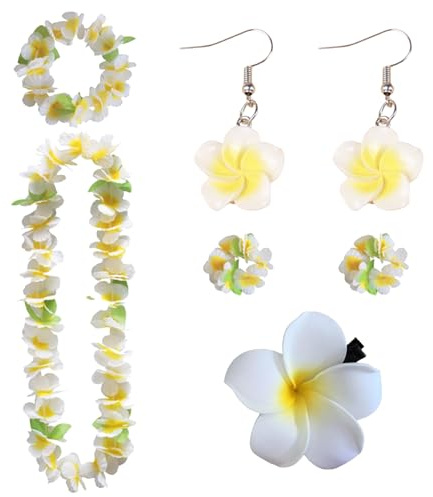 MOAZIFI 5-Pcs Blumenkette Deko für Damen - Hawaii Outfit mit Ohrringen, Haarklemme, Luau-Blumengirlande