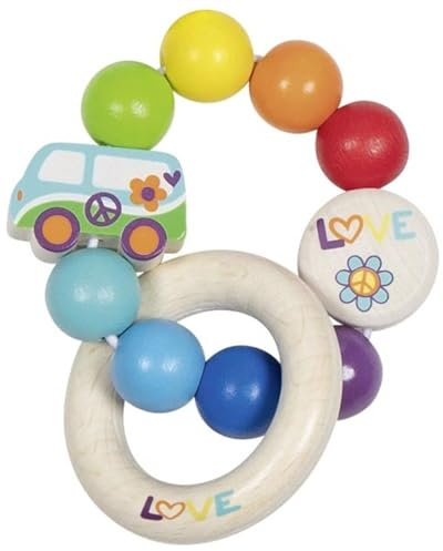 goki 65359 – Greifling „Regenbogen Van“ – hochwertiges Babyspielzeug aus Holz im Retro-Stil, Made in Germany