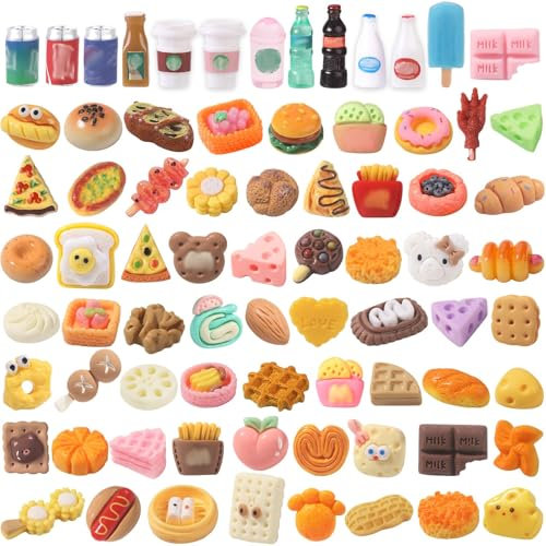 XIMISHOP 100Pcs Miniature Food Drink，Tiny Resin Pretend Foods Drink Bottles Model for Dolls House Accessories Pretend Play Kitchen Game Children Party Role Play Toys