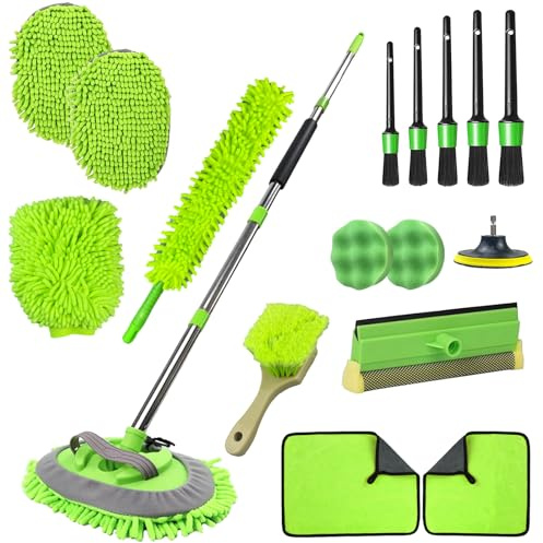 17Pcs Car Wash Brush Kit with Long Handle, 62 Car Cleaning Kit Chenille Microfiber Scratch-Free Mop Sponge Mitt Wheel Brush Squeegee, Cars Wash Mop Detailing Brushe for Cars SUVs Trucks RVs