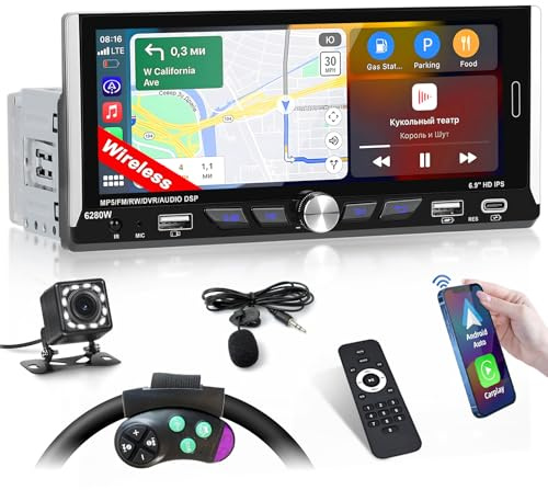 Inefala 1 DIN CarPlay bilradio med trådlös Carplay och Android Auto trådlös, 6,9-tums skärm radio med Bluetooth, spegellänk, kompatibel med FM/RDS, EQ, USB, typ-C, USB-laddning