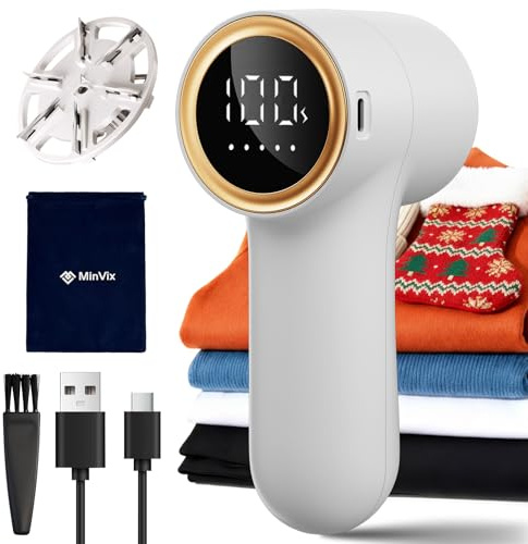MinVix® Bobble Remover for Clothes, Rechargeable Lint Remover, Electric Fabric Shaver, Debobbler Clothes Shaver with LED Display & 5 Speeds, Fuzz/Fluff/Pilling Defuzzer for Wool Jumper, Knitwear, Sofa