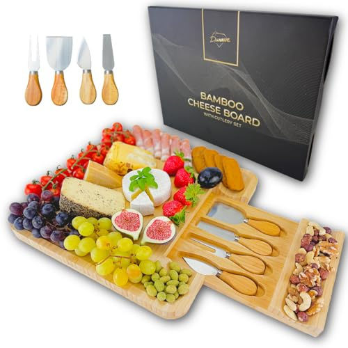 Tagliere in Bambù per Formaggi con Set di 4 Coltelli - Tagliere Salumi e Aperitivi in Legno, Ideale per Serate Gourmet, Antipasti, Regali di Compleanno, Regali di Natale per Donne e Uomini