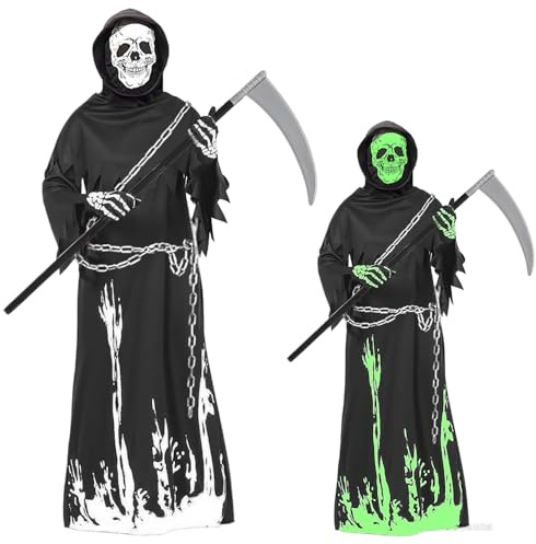 Costume Mietitore Bambino, Grim Reaper Costume con Guanti Falce e Catena, Costume di Halloween Fosforescente, Costume Della Morte Bambino, Vestito Fantasma bambino per Giochi di Ruolo (M: 7–9 anni)